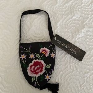 Sue Wong floral embroidered satin handbag with tassel XS NWT